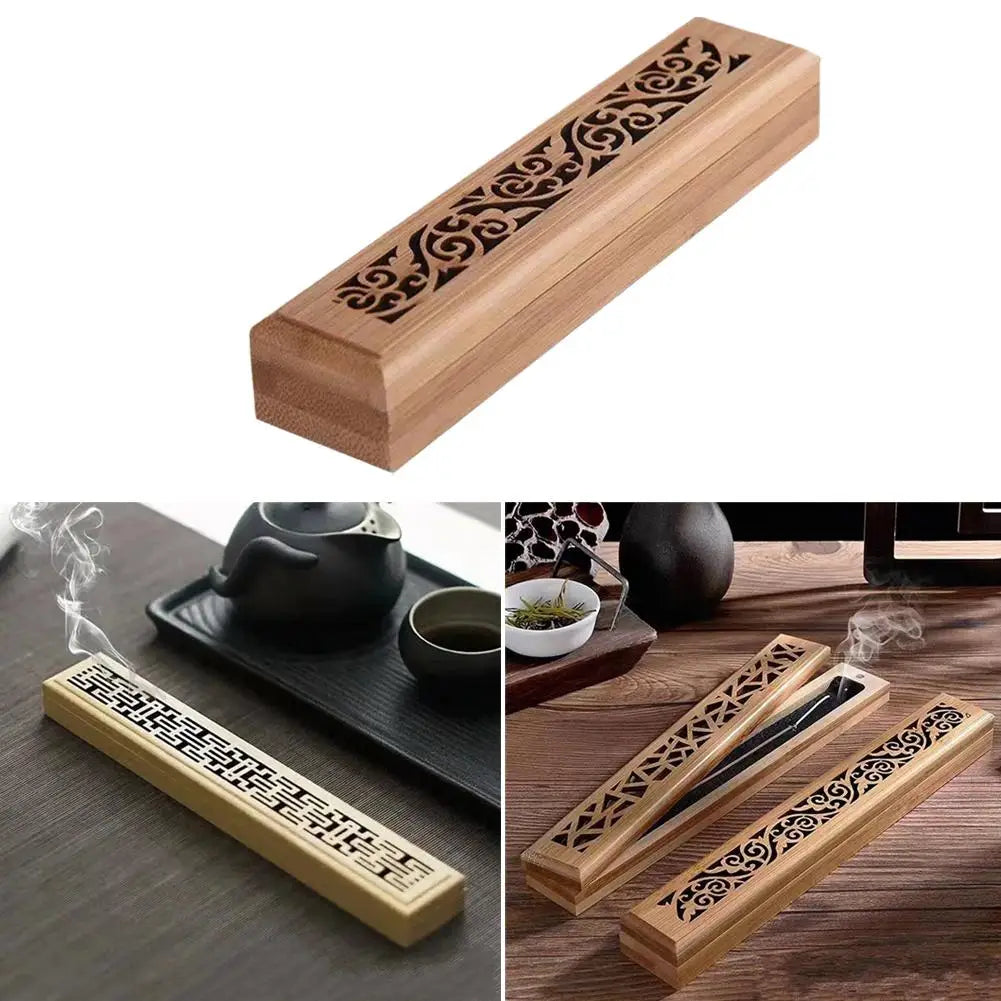 Natural Bamboo Incense Burner with Lid – Aromatherapy Wooden Box for Meditation & Home Decor
