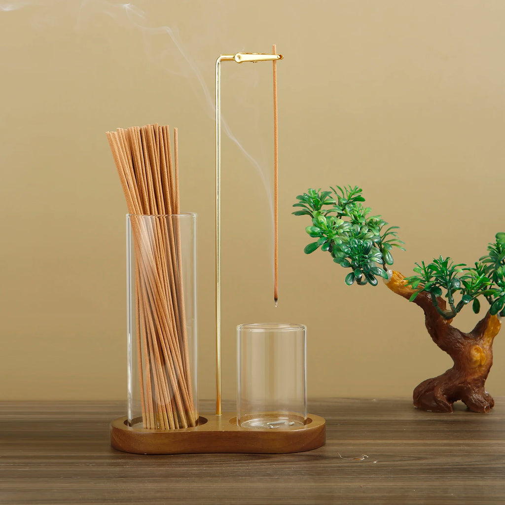 2-in-1 Glass Incense Holder with Wooden Base
