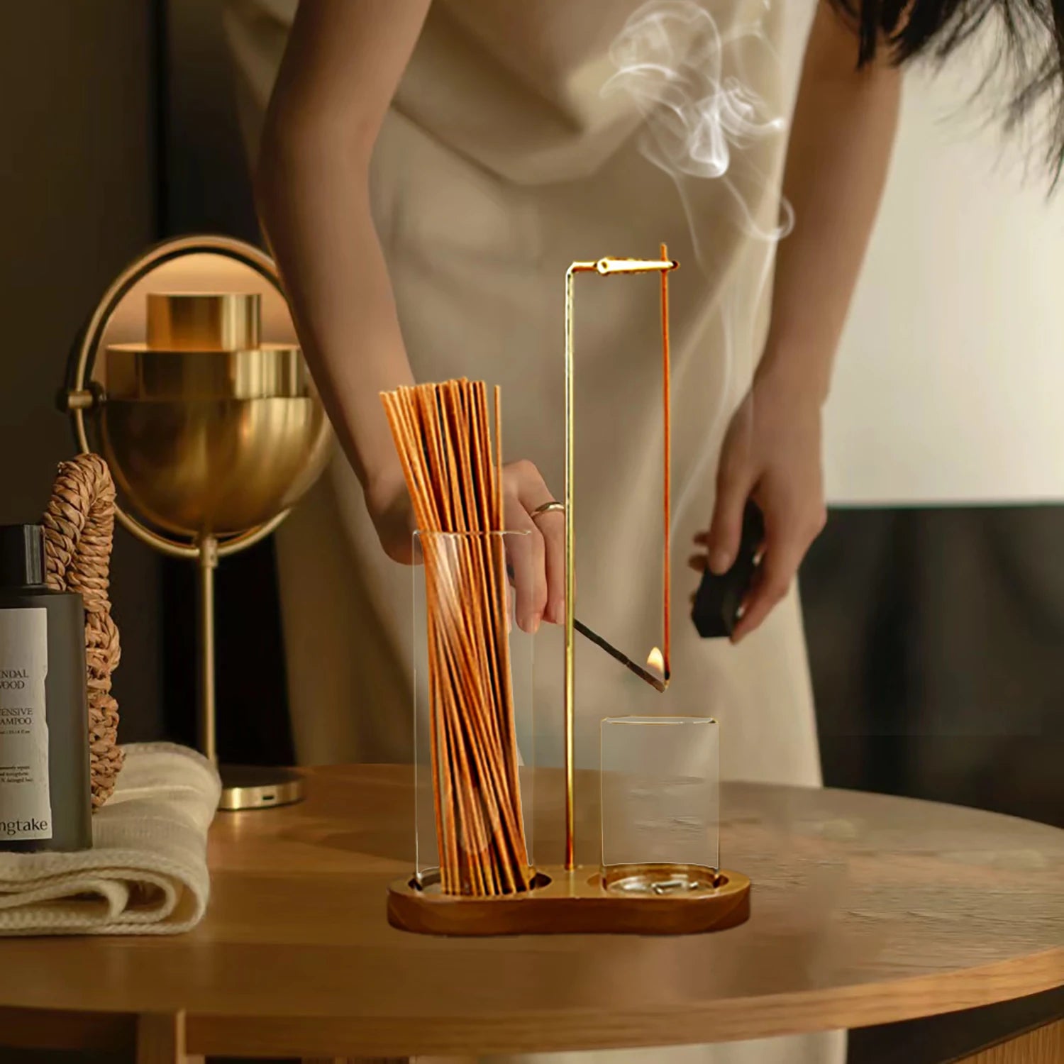 2-in-1 Glass Incense Holder with Wooden Base