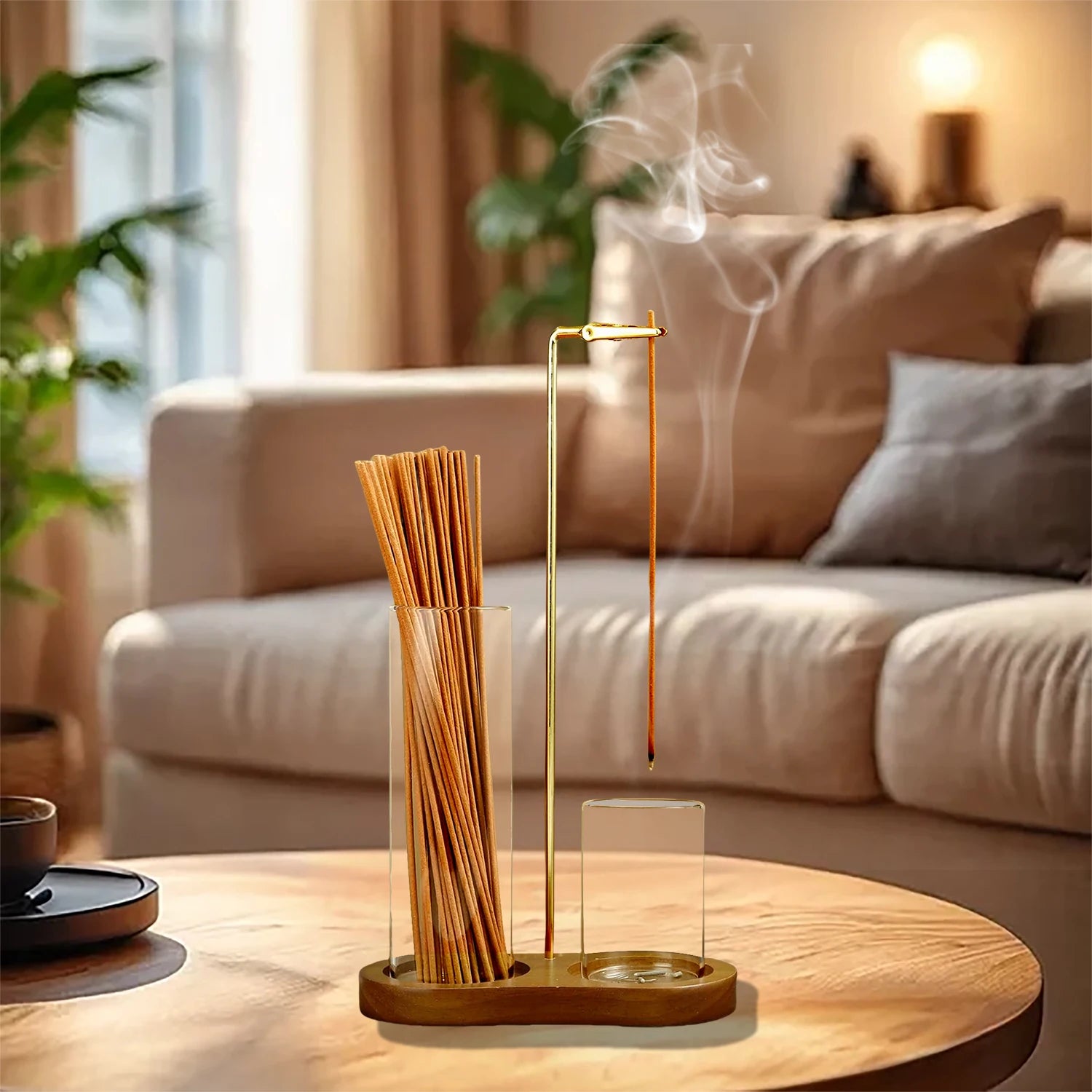 2-in-1 Glass Incense Holder with Wooden Base