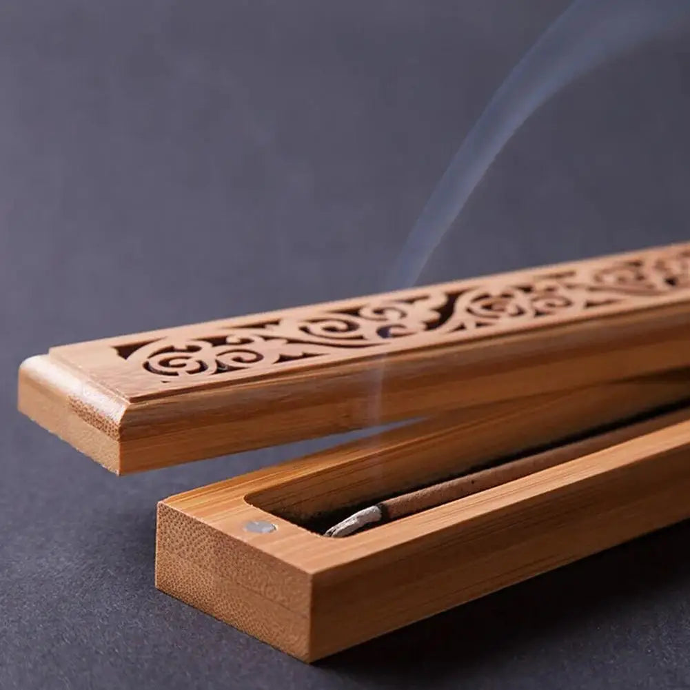 Natural Bamboo Incense Burner with Lid – Aromatherapy Wooden Box for Meditation & Home Decor