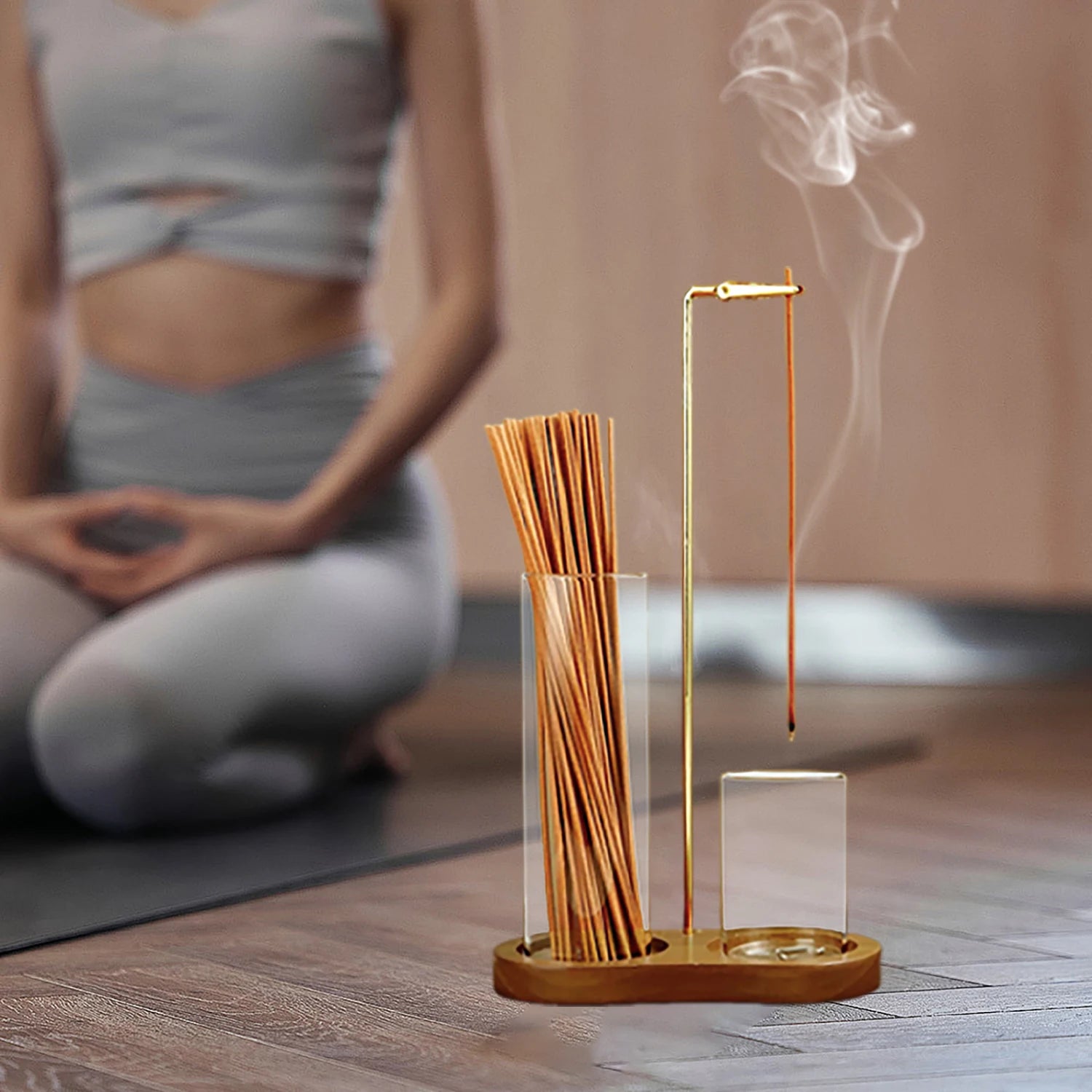 2-in-1 Glass Incense Holder with Wooden Base